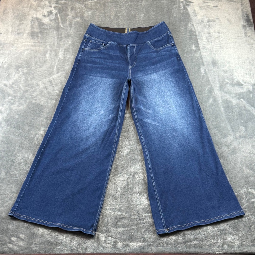 Halara Wide Leg Pull On Jeans Womens Large Petite Blue High Rise Stretch Denim